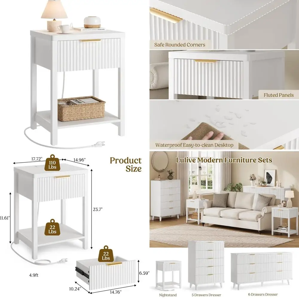 

Современная белая рифленая тумбочка с зарядной станцией, деревянный ящик для хранения, прикроватная тумбочка для спальни, компактный дизайн