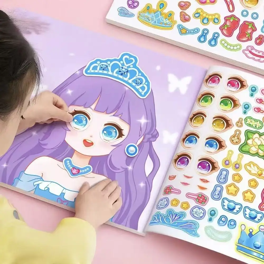 Artesanato criativo crianças adesivos 15 páginas brinquedo quebra-cabeça adesivos livro reutilizável para meninas dos desenhos animados princesa fazer um rosto adesivos