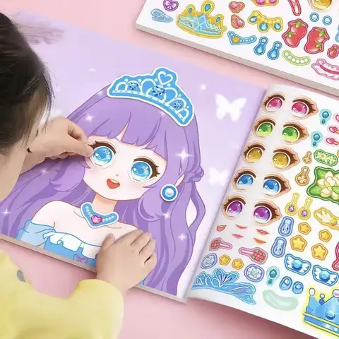 Handicrafts Creative Kids Stickers 15 Pages Toy Puzzle Stickers Book Reusable for Girls Cartoon Princess Make A Face Stickers