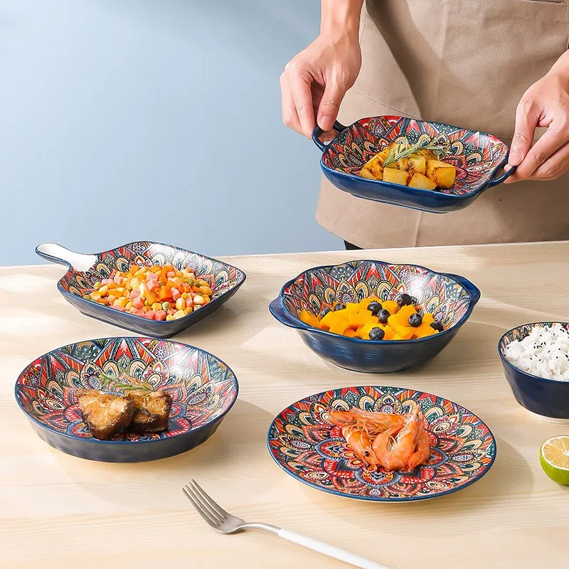 New Bohemian Style Ceramic Household Dishes with Handles Bowls Dishes and Household Dishes Set