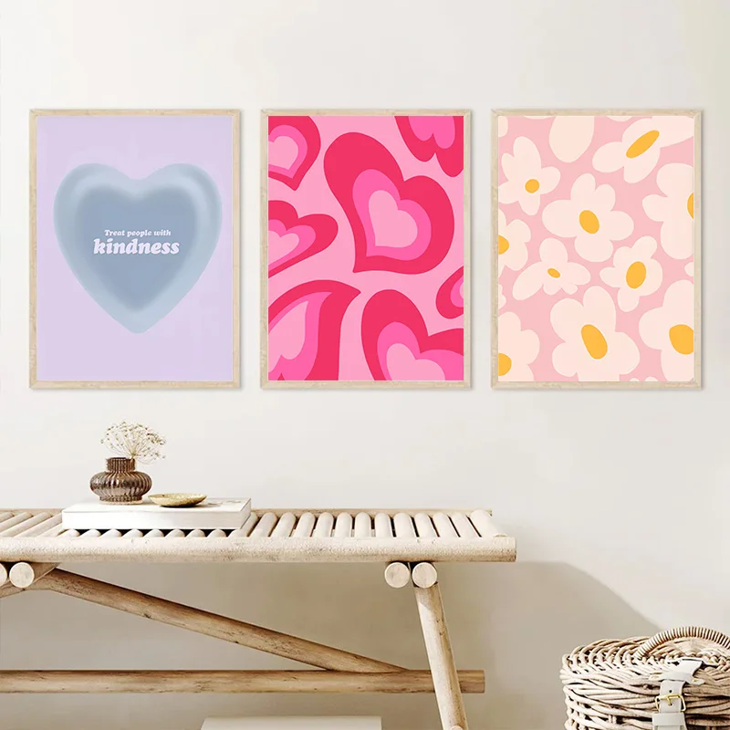 Abstract Pink Purple Danish Pastel Love Heart Cherry Butterfly Poster Nordic Bedroom Wall Aesthetic Art Print Picture Room Decor