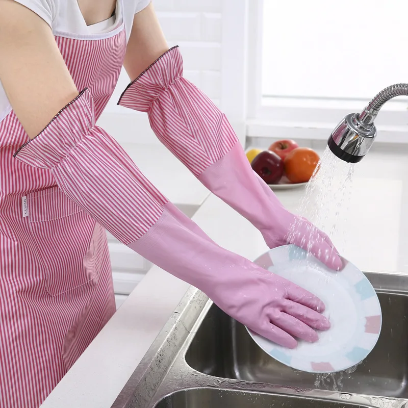 Fashion Cuffed Fleece Warm Household Gloves Kitchen Cleaning Durable Dishwashing Rubber Gloves