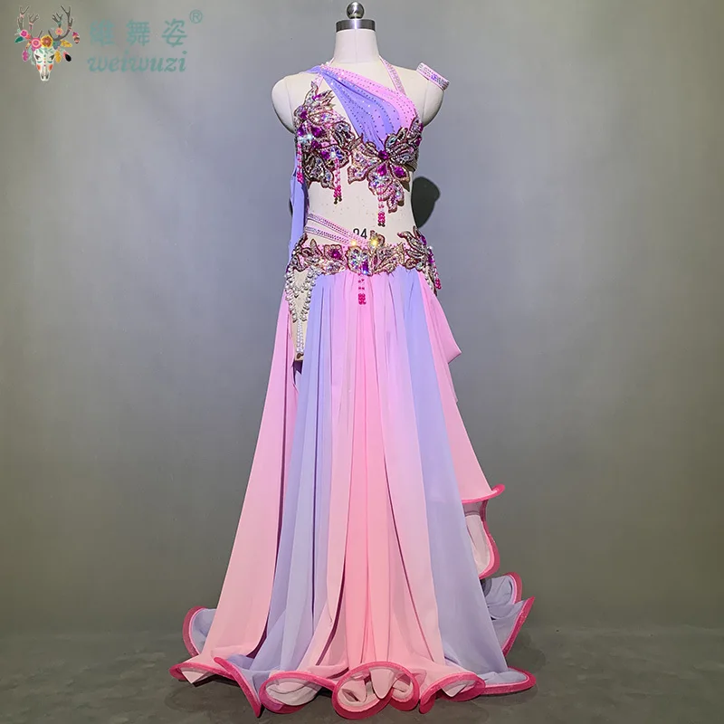 

Belly Dance Costume Set Customized Luxury Rhinestone Bra+Sexy Split Chiffon Long Skirt 2pcs Oriental Dance Performance Clothing