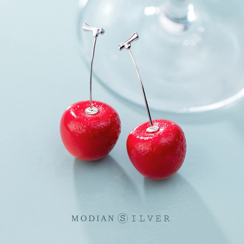 Modian Fruit Long Chain Earring for Women Fashion Genuine 925 Sterling Silver Cute Red Cherry Dangle Earring Fine Jewelry Bijoux
