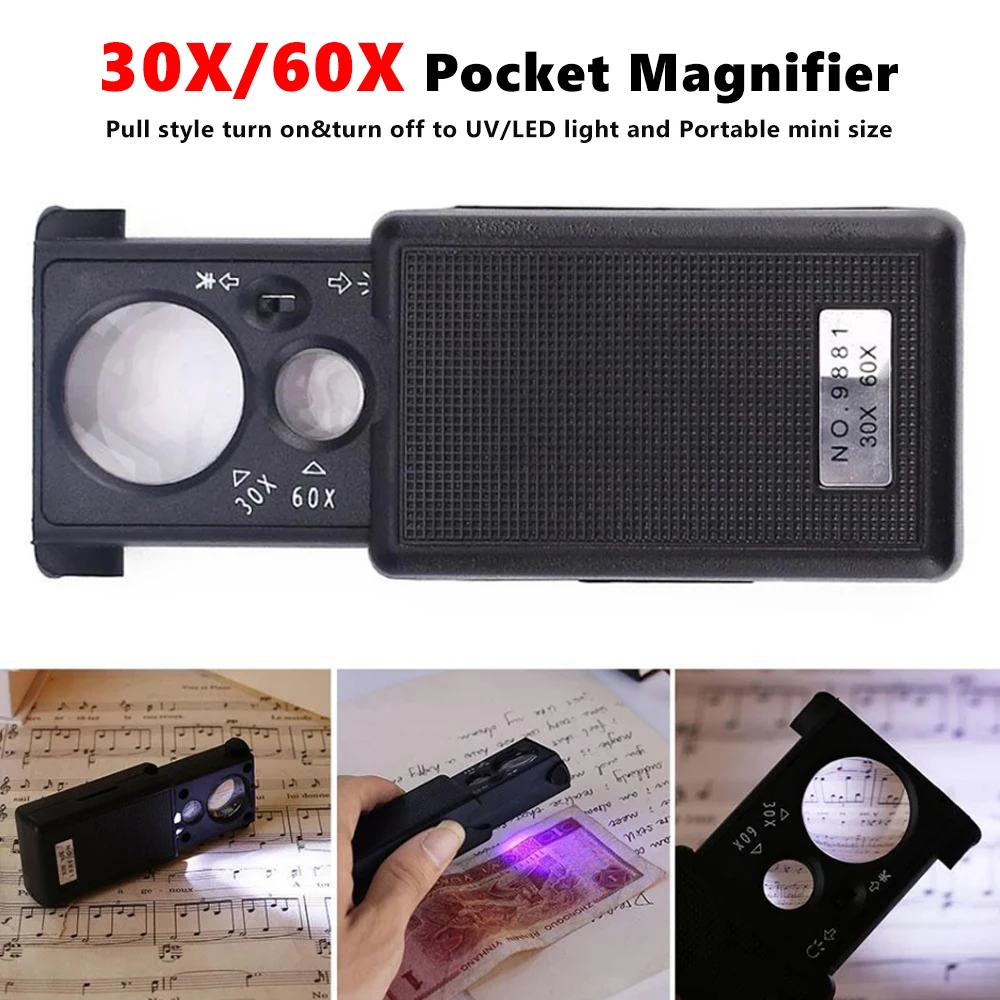 

30X 60X Pull-Type Jewelry Magnifier Mini Pocket Hand Magnifying Glass Portable Microscope Jeweler Eye Glass Loupe with Led Light