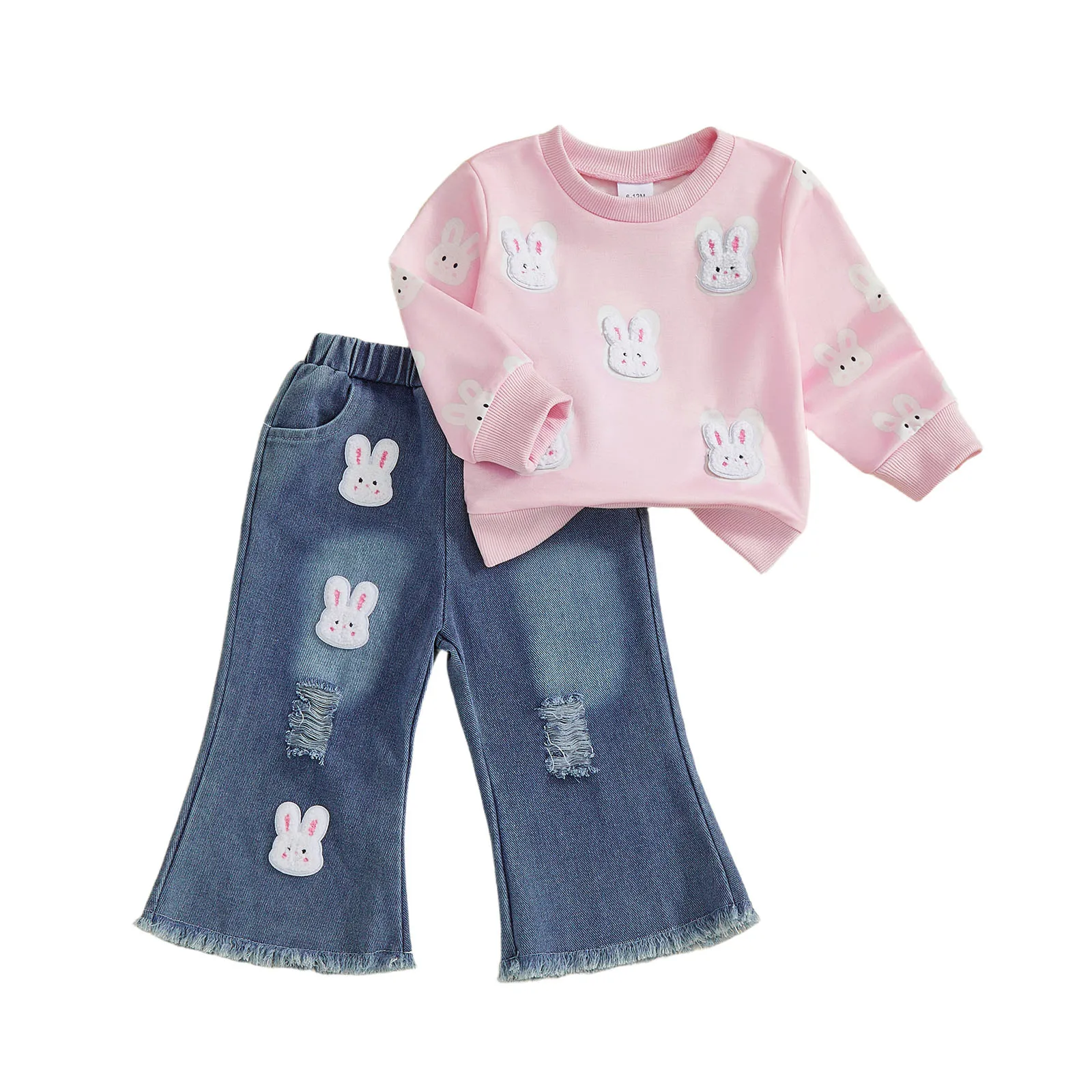 

Toddler Girls Easter Clothing Set Fashionable Bunny Carrot Decor Pullover with Denim Bell Bottom 2Pcs Outfit