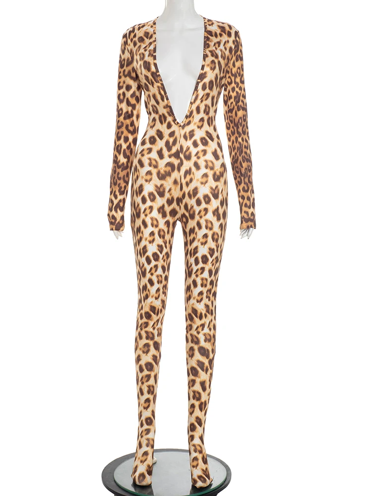 Kliou ليوبارد طباعة حللا امرأة العميق الخامس الرقبة الانقسام عارية الذراعين كم كامل نحيل الخوخ الورك الساخن الفتيات الشارع مثير وزرة