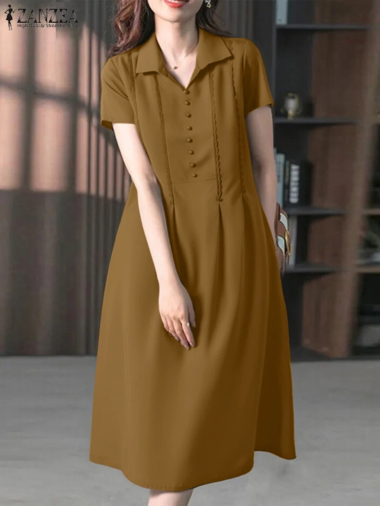 2025 zanzea feminino lapela pescoço manga curta camisa vestido 2025 vestido de verão elegante casual sólido uma linha trabalho ol vestido de verão kaftan robe