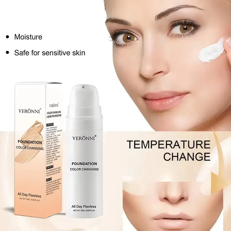 15ml Color Changing Liquid Foundation with Brush Long Lasting Flawless Hydrating Base Makeup Skin Tone Matching Foundati