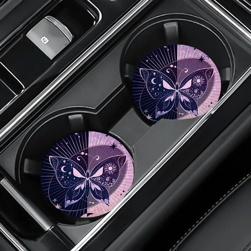 Set Of 2 Purple Starry Sky Butterfly Coasters For Car Cup Holders, Round Dining Table Coasters, Non-Slip, Detachable, Reusable P