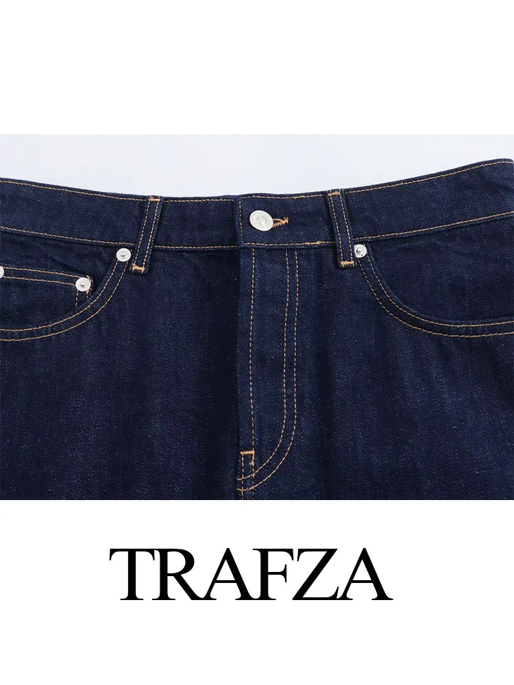 TRAFZA-Mini saia jeans linha A feminina, cintura alta, decoração de bolsos, curto, moda feminina, verão