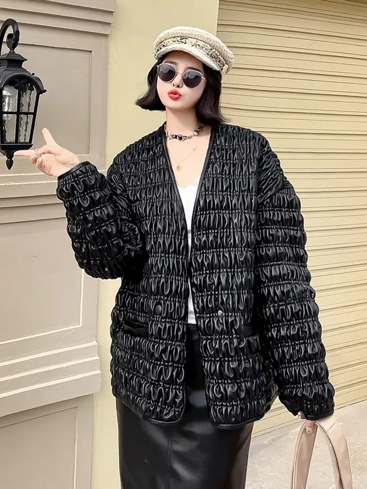 Vintage المرأة الخريف مطوي جلد الغنم سترة جلدية حقيقية الخامس الرقبة مزدوجة الصدر معطف الموضة فضفاضة تناسب عالية الشارع جاكيتات