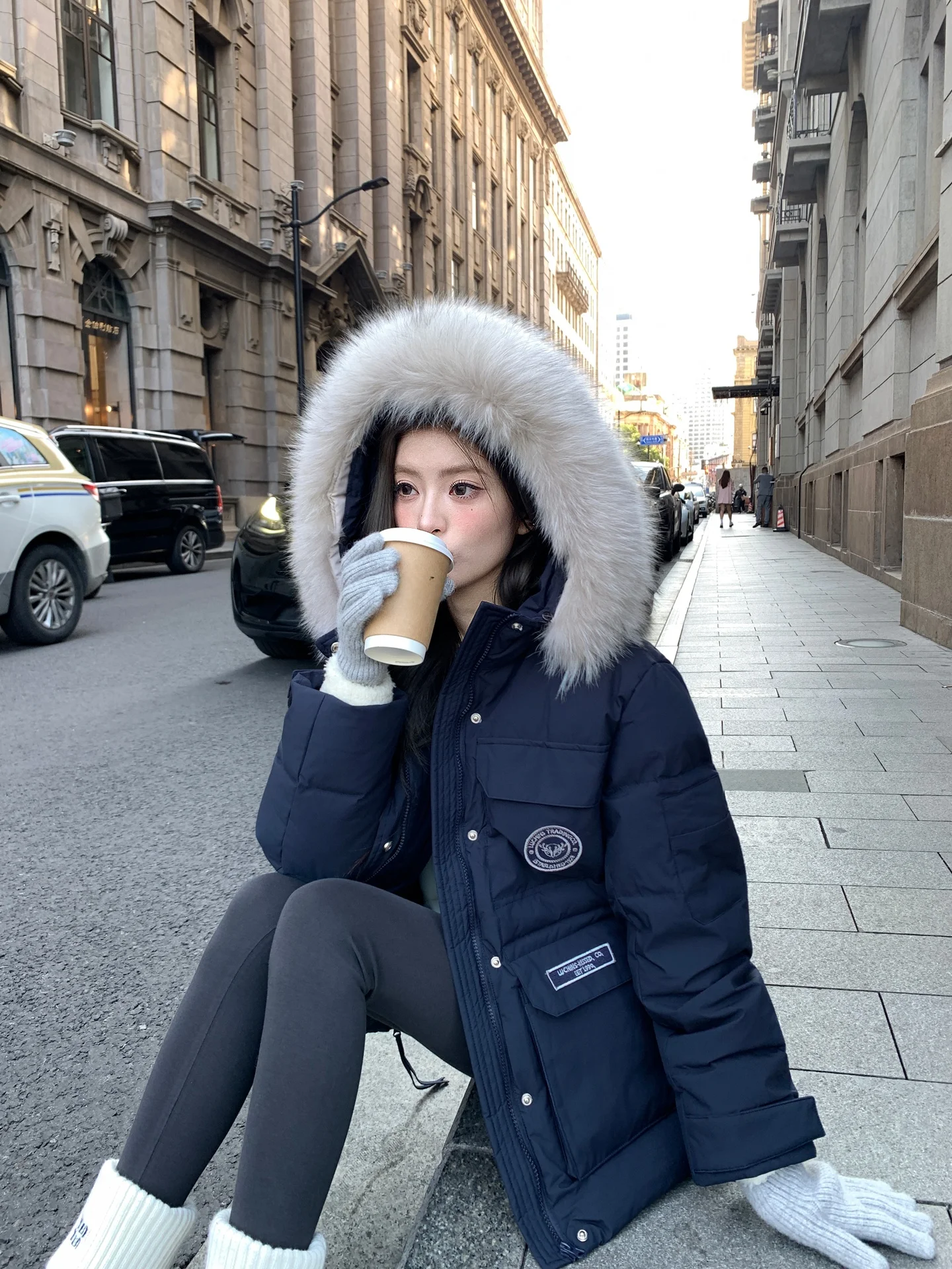 

Blue 90 White Du down Long Puffer Jaet Women Winter Loose Slimming Versatile Thi Warm Fur Collar Casual Sle Coat