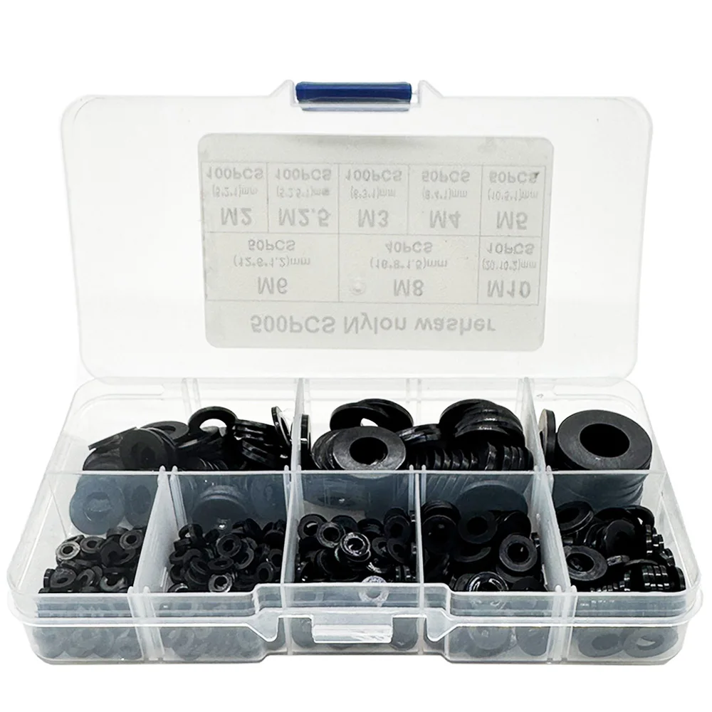 500pcs Nylon Washer Flat Assortment Set with 8-size Safety Plates M2 M2.5 M3 M4 M5 M6 M8 M10 Nylon Sealing Washers