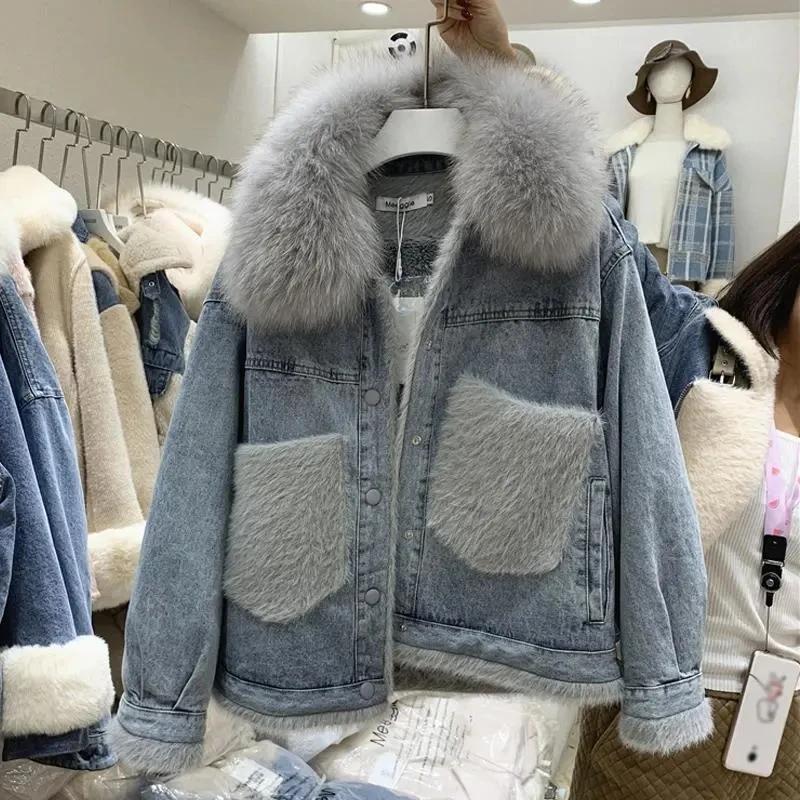 Korean Fashion Cowboy Cotton-padded Jacket Women's Autumn And Winter New Loose Fleece Lamb Wool Cotton-padded Casual Coat.