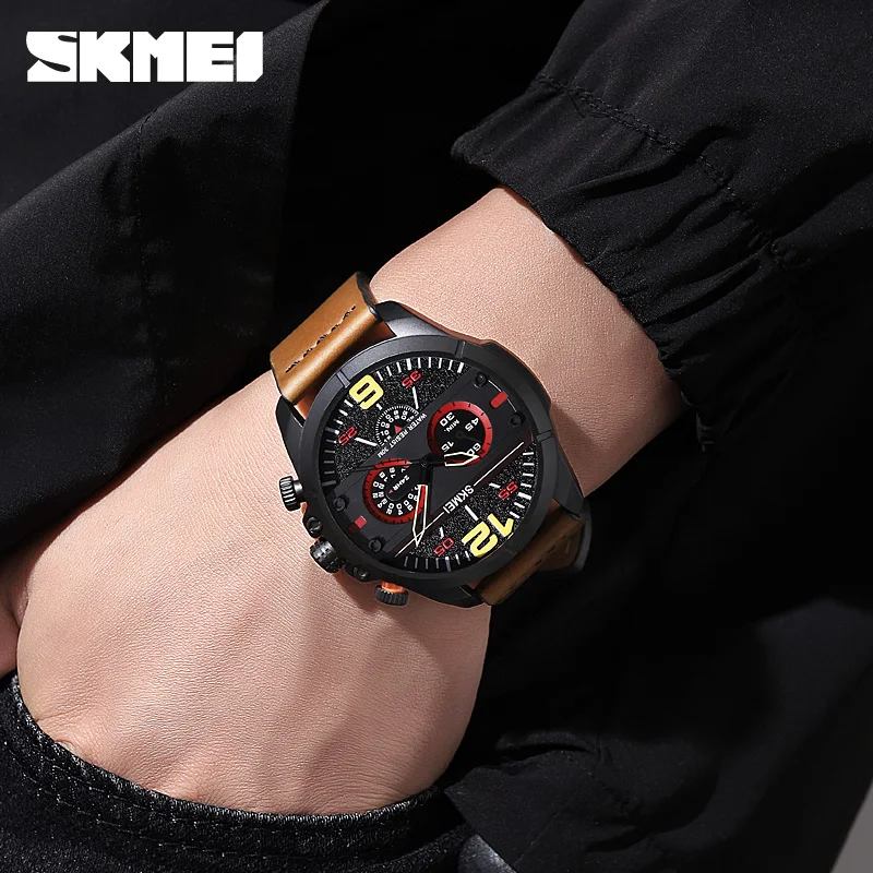 SKMEI-Reloj de pulsera de cuero para hombre, cronógrafo de cuarzo, deportivo, resistente al agua, Masculino, marca superior de lujo, 1846
