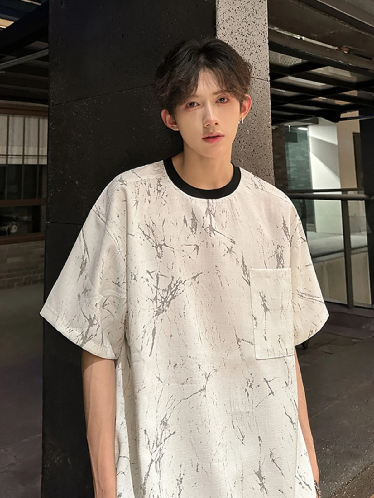 

Linen ort Sve T-irt Men's Summer Marble Pattern Design ket Trendy Ice Silk Cotton Linen Seven Sve Loose Fit Prin...