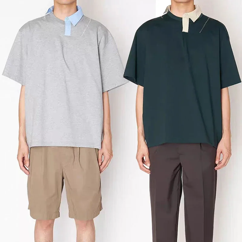 25SS Kolor 25SCM-T1207 Asymmetrical Collar Men Cotton Short Sleeved T-shirt New Arrival