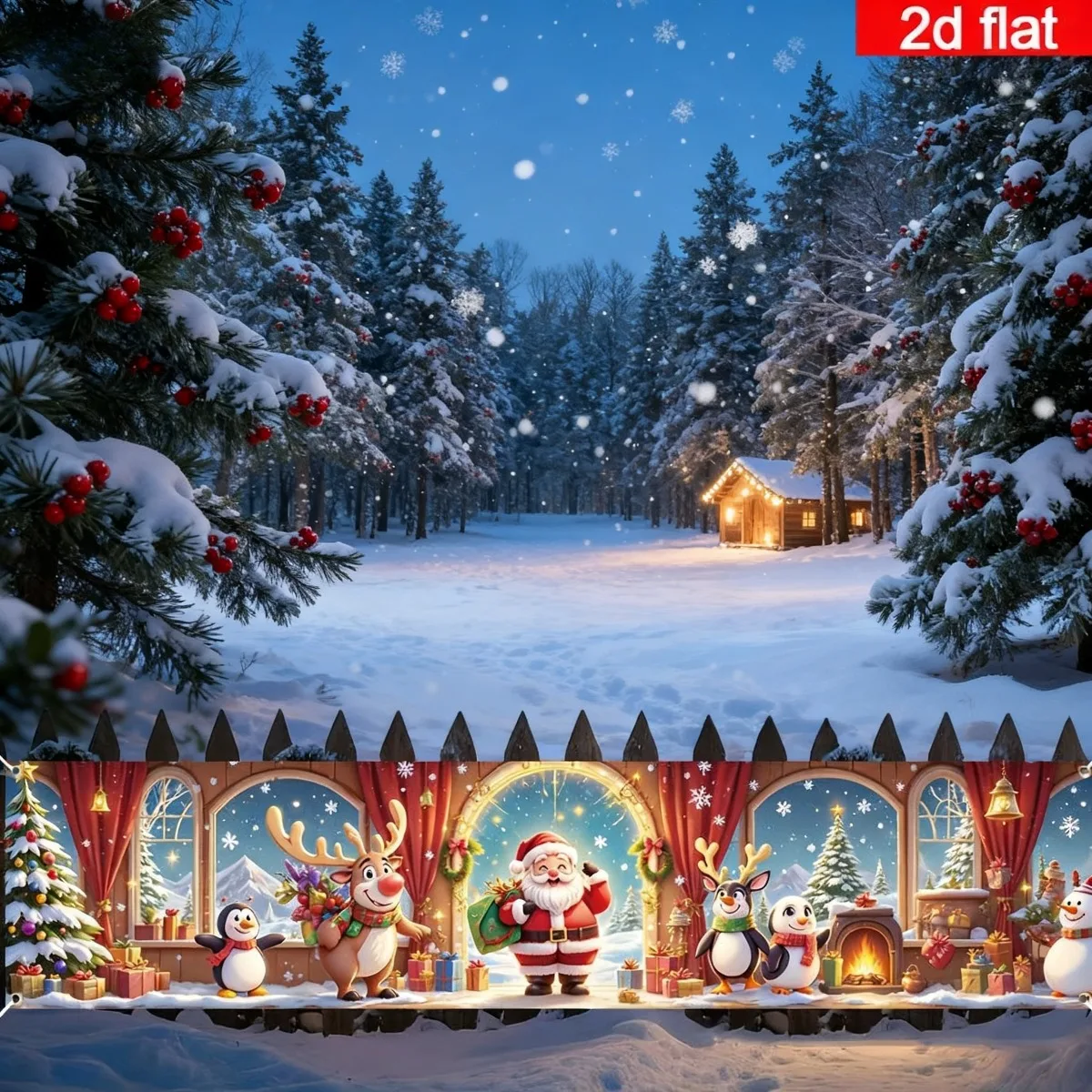 2D FLAT 1 pc Cute Large Outdoor/ Merry Christmas Banner With Santa Claus & Friends Figurine- 18x79
