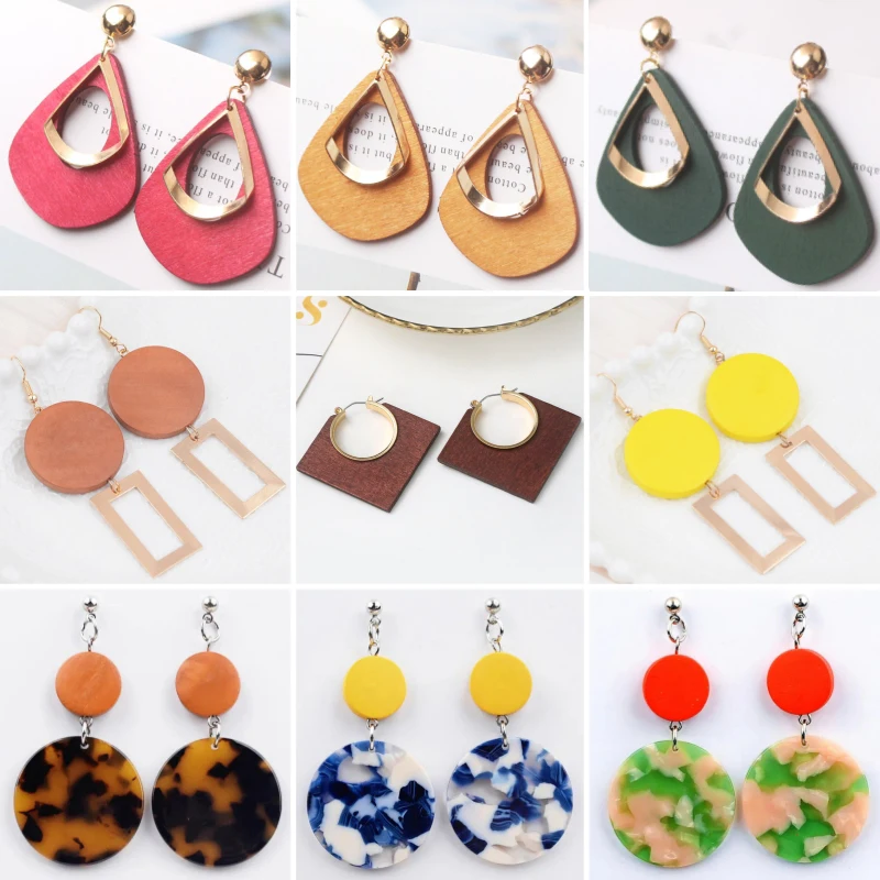 Wooden Women\'s Dangle Earrings Leopard Round Piece Pendants Hollow Water Drop Hanging Earrings Candy Color Female Party Jewelry