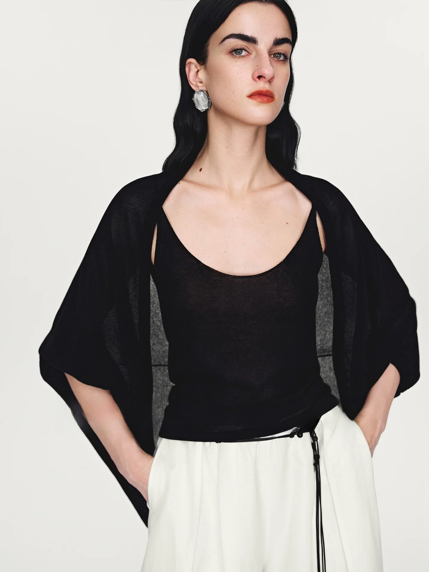 

RoseLingLing Acetate Cotton One-Piece Knitted Cardigan And Tank Top Set Simple Sli Commute round Ne Seven Sve Women'...