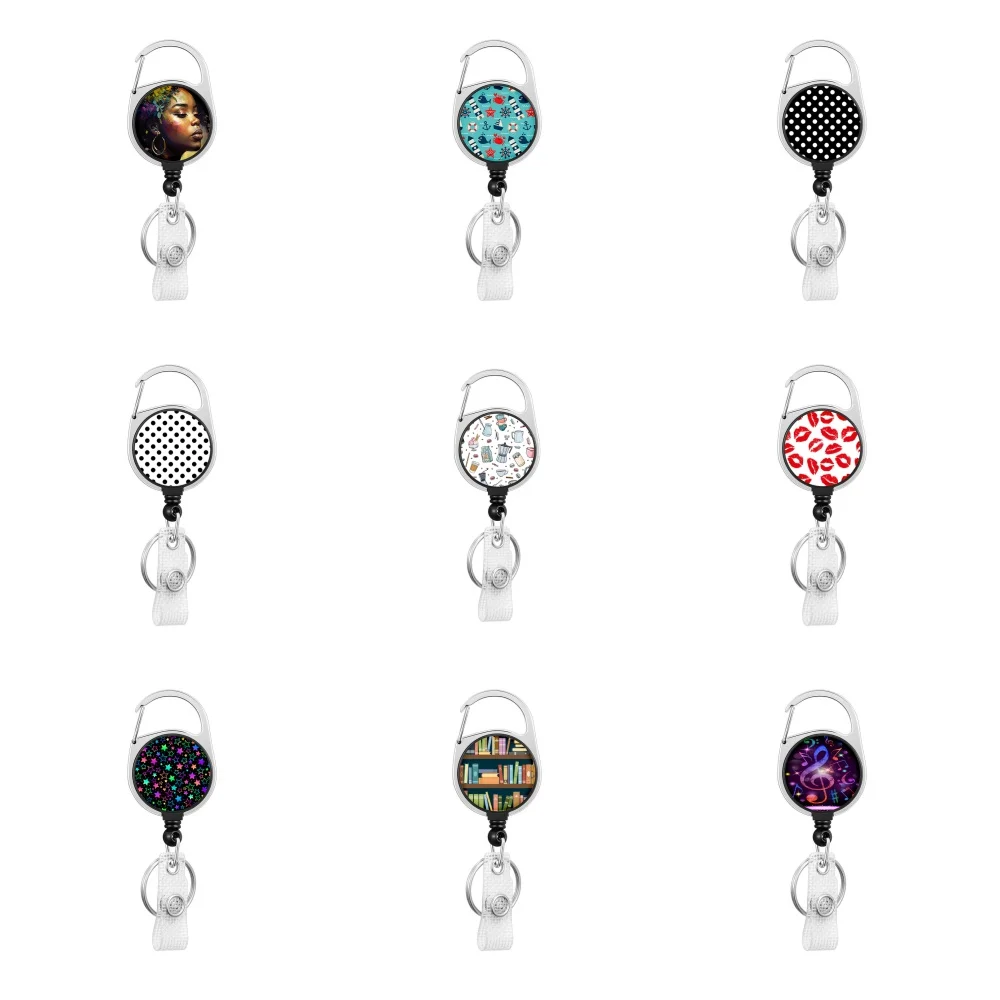 Hot selling circular simple pattern Easy disassemble Zinc alloy badge automatic scroll easy pull buckle keychain H1206