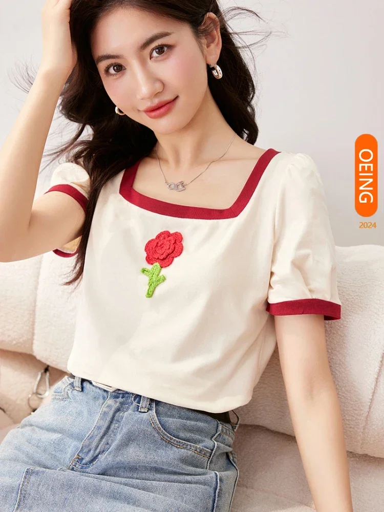 

Bubble Sleeved T-shirt for Women in Summer 2024 Contrasting Short Sleeved Square Neck Slim Fit Y2k Top Women Clothes C5057