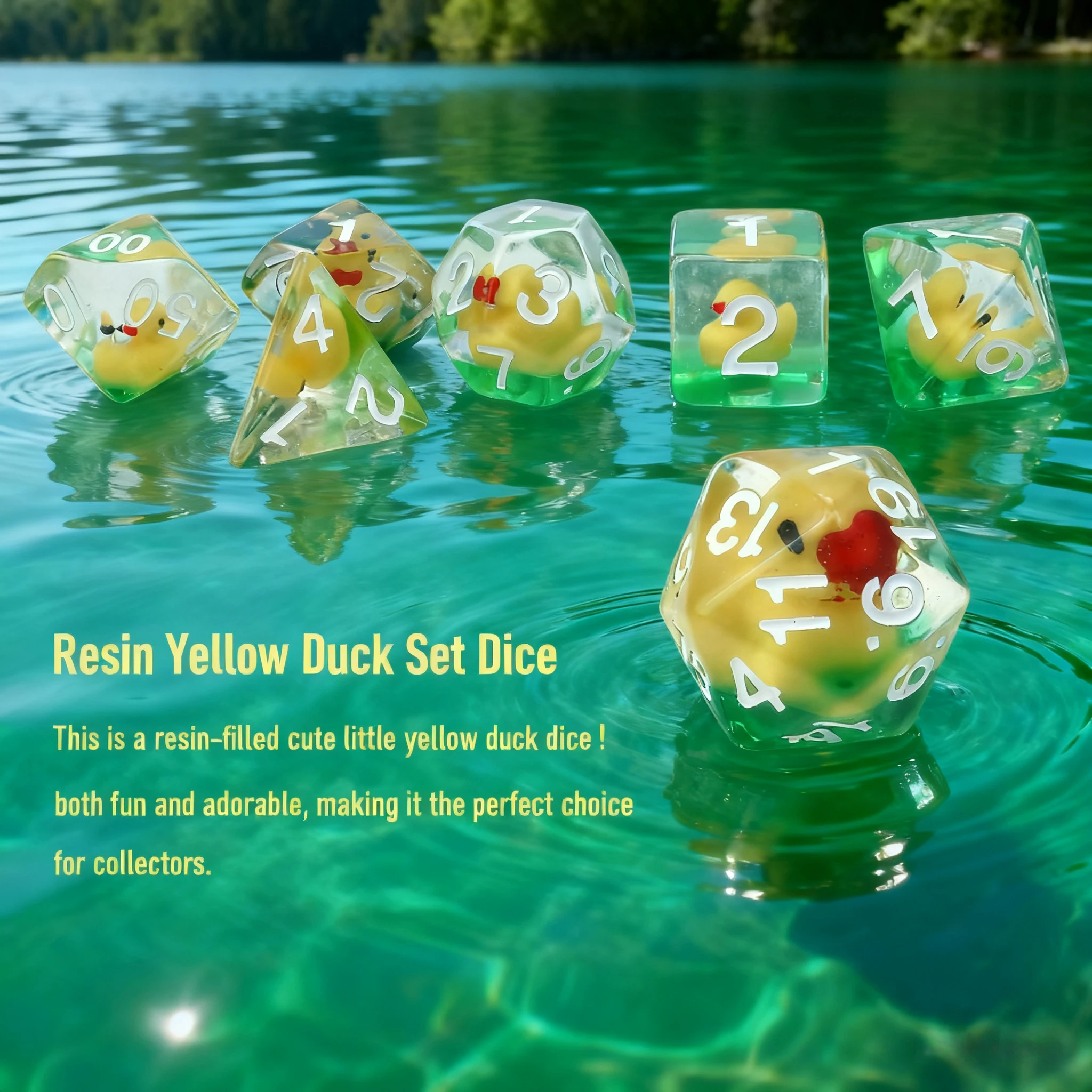 مجموعة من 7 نرد راتينج شفاف مع تصميم بطة صفراء كرتونية وأرقام بيضاء لألعاب الحفلات وإكسسوارات الألعاب #2
