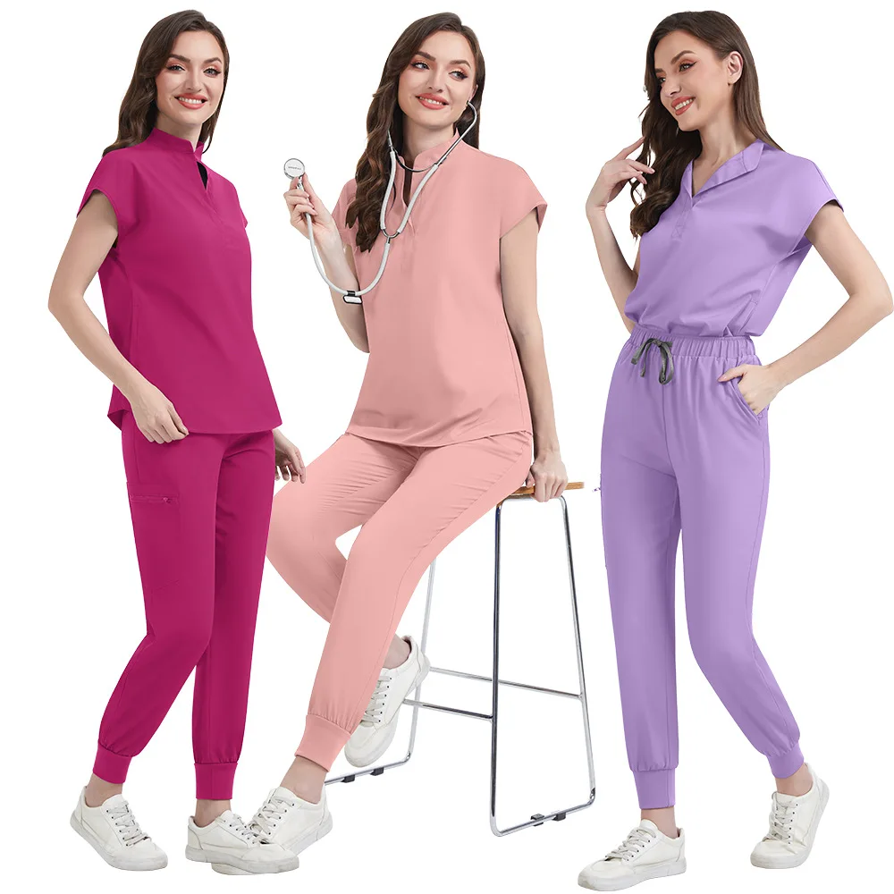 Minimalist Medical Scrub Set Half Zip Stand Collar Cap Sleeve Multi Pocket Drawstring Pants Nurse Vet Beautician Work Uniform
