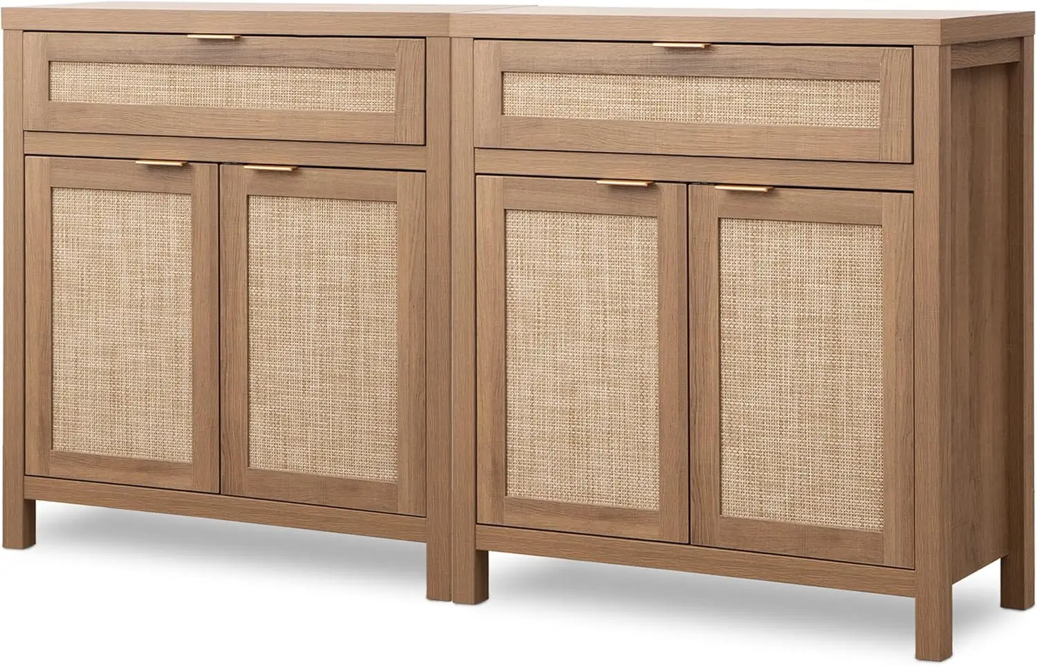 Sideboard Buffet Cabinet Set of 2, Rattan Credenza Storage Cabinet, Buffet Table Console Cabinet with Drawer,