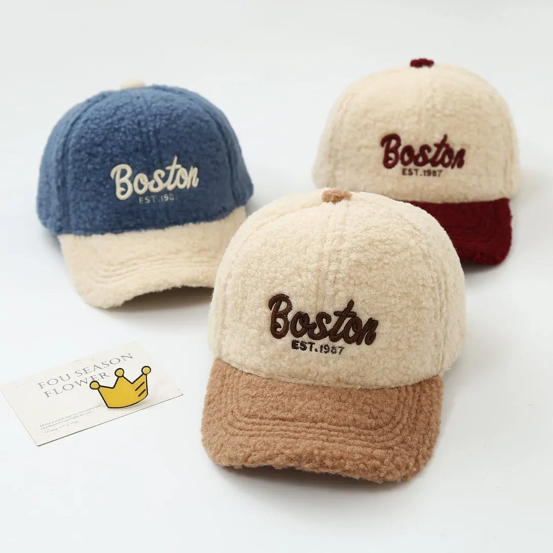Kids Teddy Fleece Baseball Cap BOSTON Embroidered Winter Warm Hat for 4-13 Years Old Boys Girls Head  52-56cm Adjustable Caps