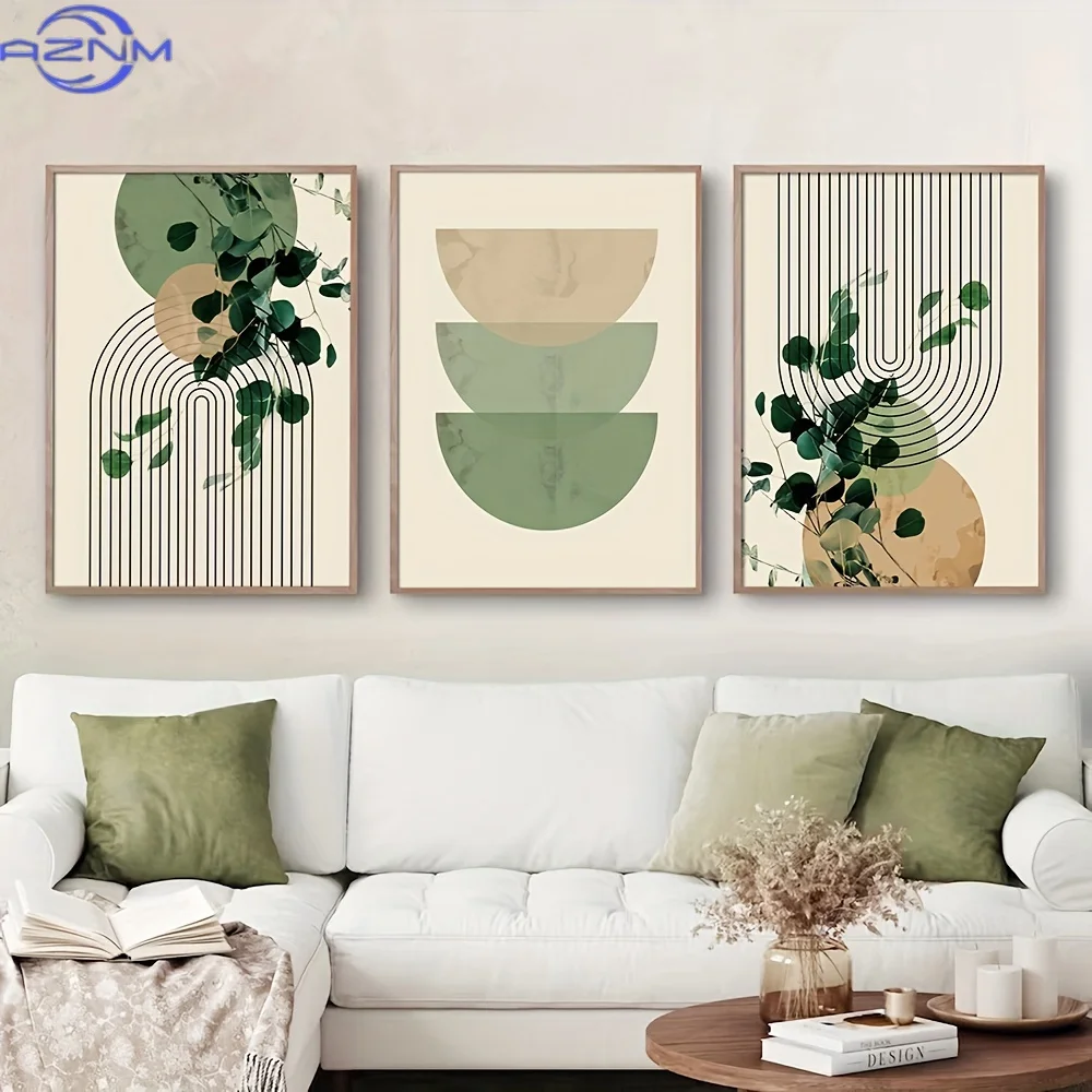 3pcs Boho Green Plant Eucalyptus Leaf Geometry Graphic Art Poster - Retro Canvas Print For Modern Wall Decor In Living Room And