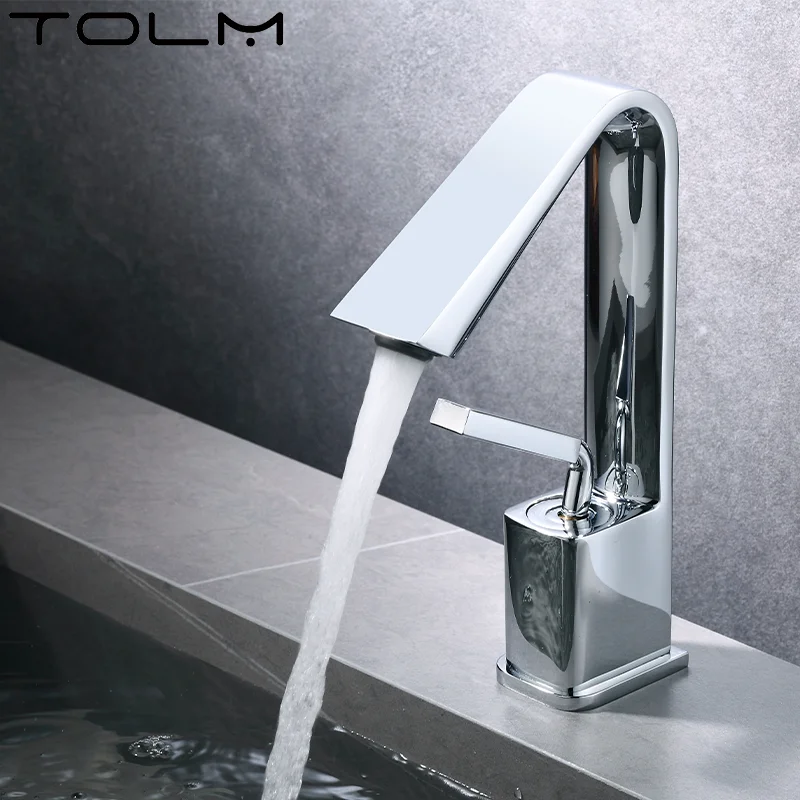 TOLM Creative Single Hole Bathroom Sink Faucet Single Handle Lavatory Copper Bathroom Faucet Grey Black Brass Hot Cold Mixer Tap