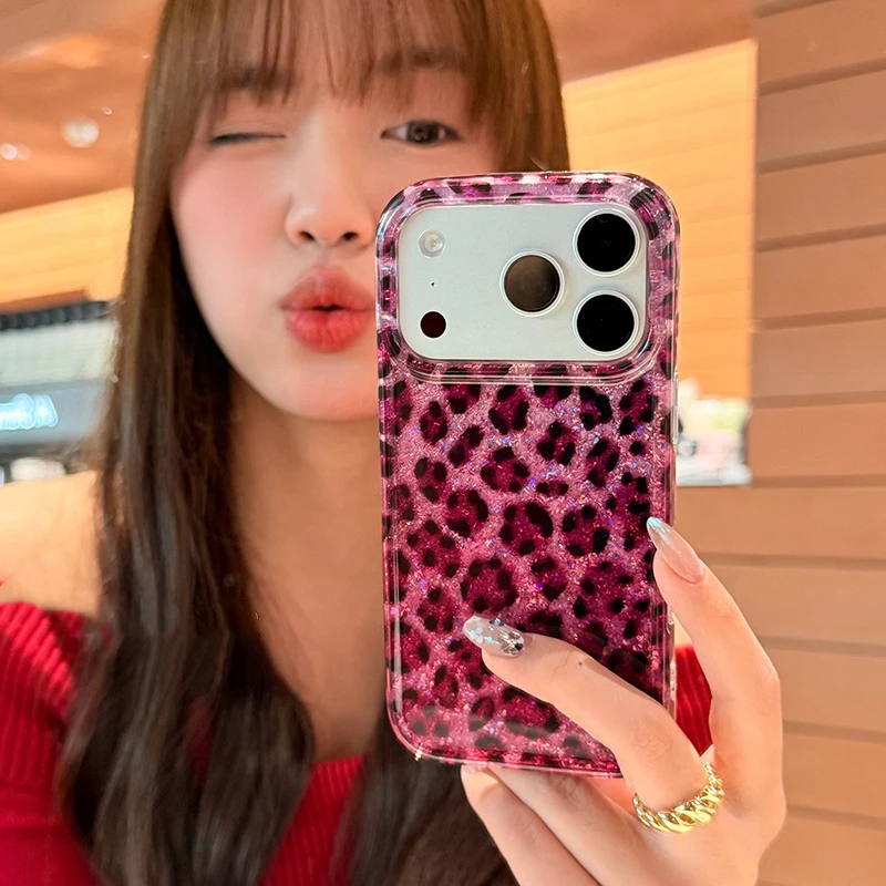 Ins Beliebte Glitzernde Rose Schwarze Leopardenmuster Hülle für iPhone 13 14 15 16 17 18 Pro Max Stoßfeste Harte IMD Rückseite – Detail 3