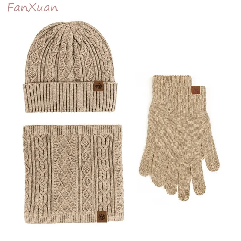 Ensemble de 3 pièces pour hommes et femmes, bonnets d'hiver, gants, Snood, foulards courts doublés en polaire, chapeaux tricotés, couleur unie
