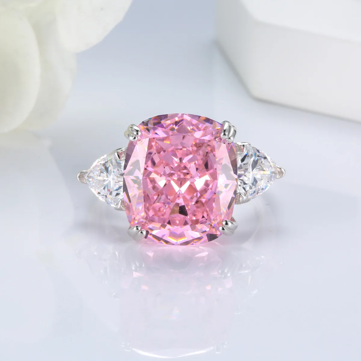 

S925 Silver Radiant Cut Long Pillow 12 Carat Pink High Carbon Diamond Internet celebrity live broadcast simple temperament ring