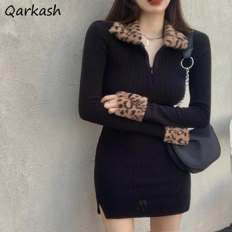 Damskie sukienki mini z długim rękawem na brzuch Streetwear Leopard Lapel Sexy Night Club Black Bodycon Korean Style Trendy Vestidos Chic