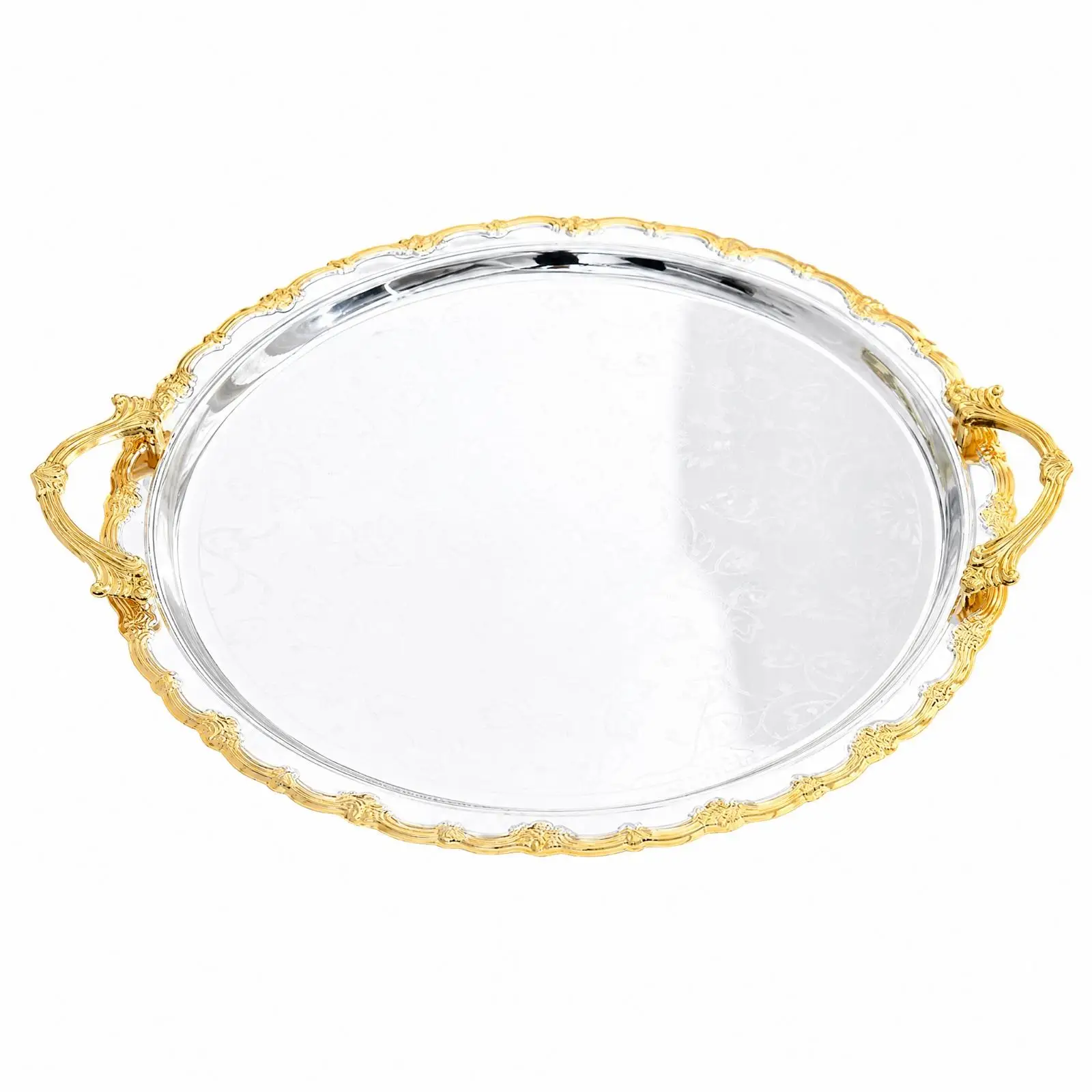 Ornate Metal Serving Tray Reflective Tray with Embossed Floral Detailing Polished for Dessert Displays, Coffee Stations,