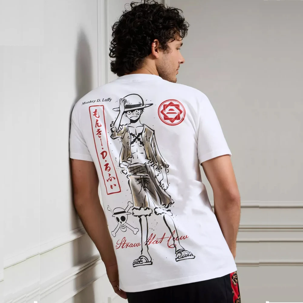 Camiseta con Estampado Gráfico de Luffy para Hombre + Texto Japonés + Logotipo de la Tripulación del Sombrero de Paja, Camiseta Suave y Transpirable con Sombrero de Paja para Uso Diario