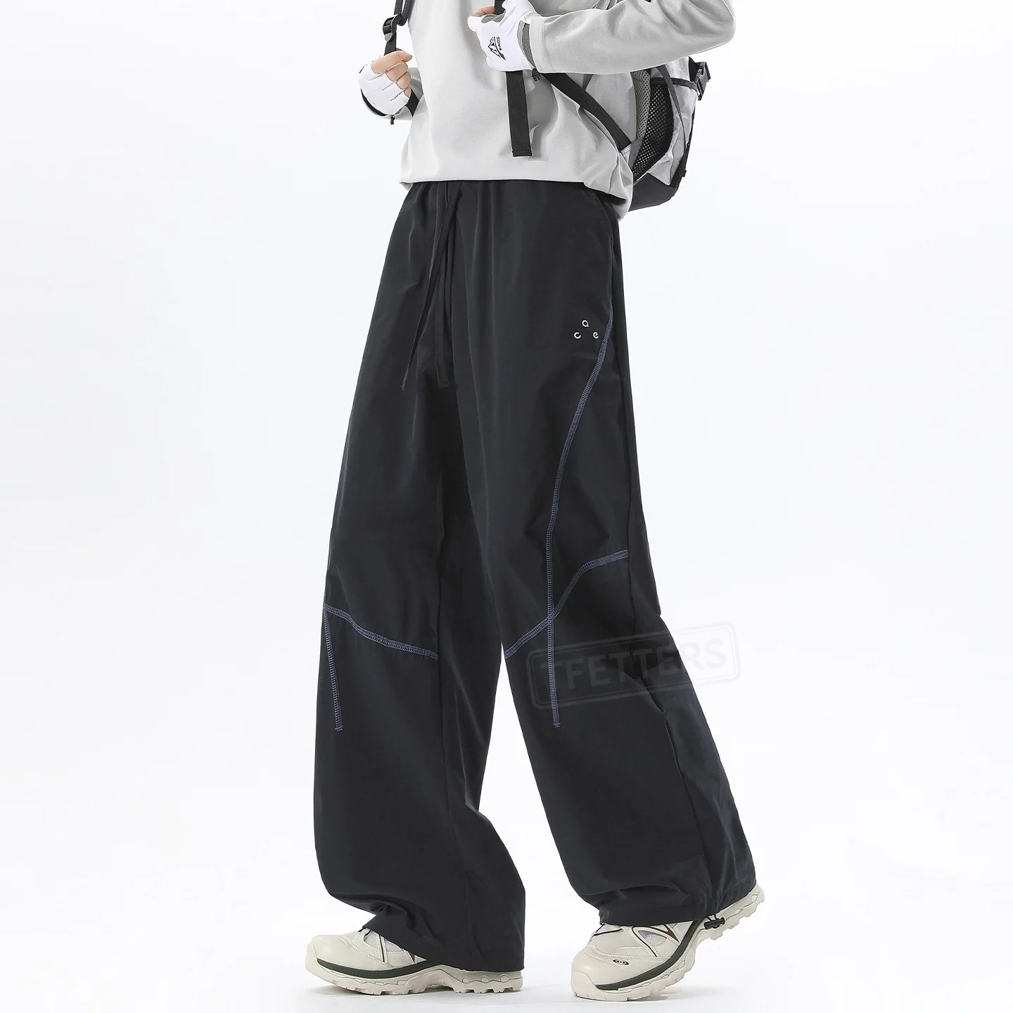TFETTERS 2026 Spring Autumn Stitch Line Wide Leg Pants Men Drawstring Elastic Waist Loose Baggy Fashion Trousers Man Streetwear