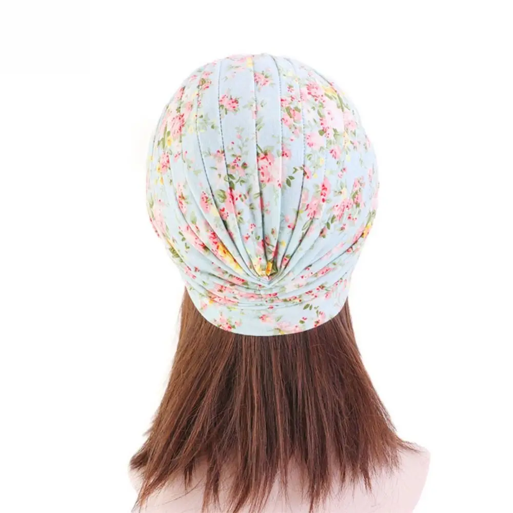 New Soft Pastoral Style Ruffled Turban Hat Cotton Floral Print Chemo Cap Headwrap Pleated Turban Women