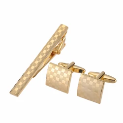 High quality checkered cufflinks with brand new brass material design fashionable men's wedding gift laser metal tie clip