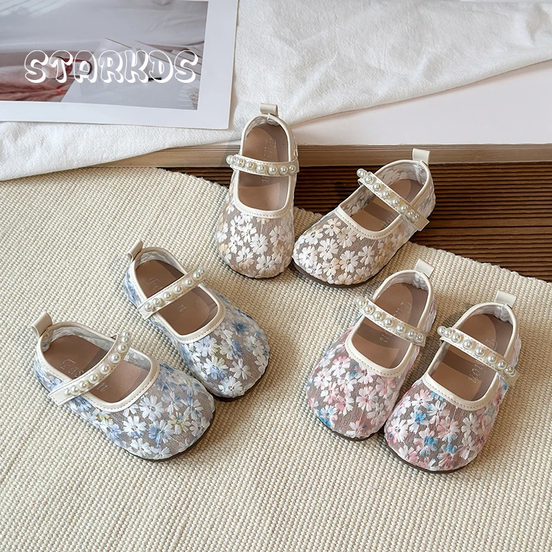 

Розовые и голубые балетки с цветочной вышивкой и сеткой для девочек, элегантные туфли Мэри Джейн с жемчужными ремешками, детские туфли для свадьбы и вечеринок, кружевные балетки