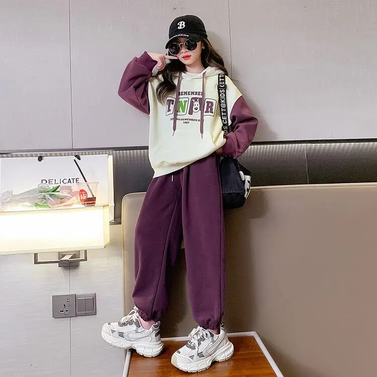 Girls Autumn And Winter  Slim Loose Cuhk Children's Hoodie Two-piece Set Round Neck Hooded Fashion Sport  Wear Clotning Set