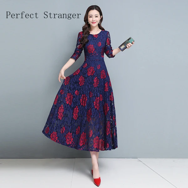 High Quality  Vintage 2024 Autumn Winter New Arrival  Round Collar Long Sleeve Floral Lace  Women Long Dress