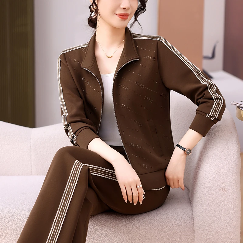 

Faionable Sportswear Set for Mom Autumn Casual Outerwear Loose Fit Long Pants Polyester Cotton Spandex Zipper Closure