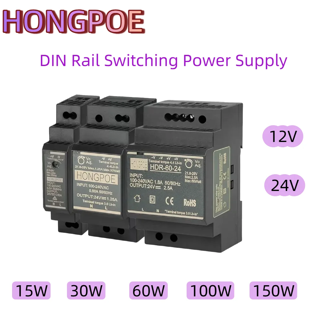 

DIN Rail Switching Power Supply SMPS 100-240VAC HDR-15W 30W 60W 100W 150W Voltage 12V 24V Current 0-7.1A Industrial Transformer