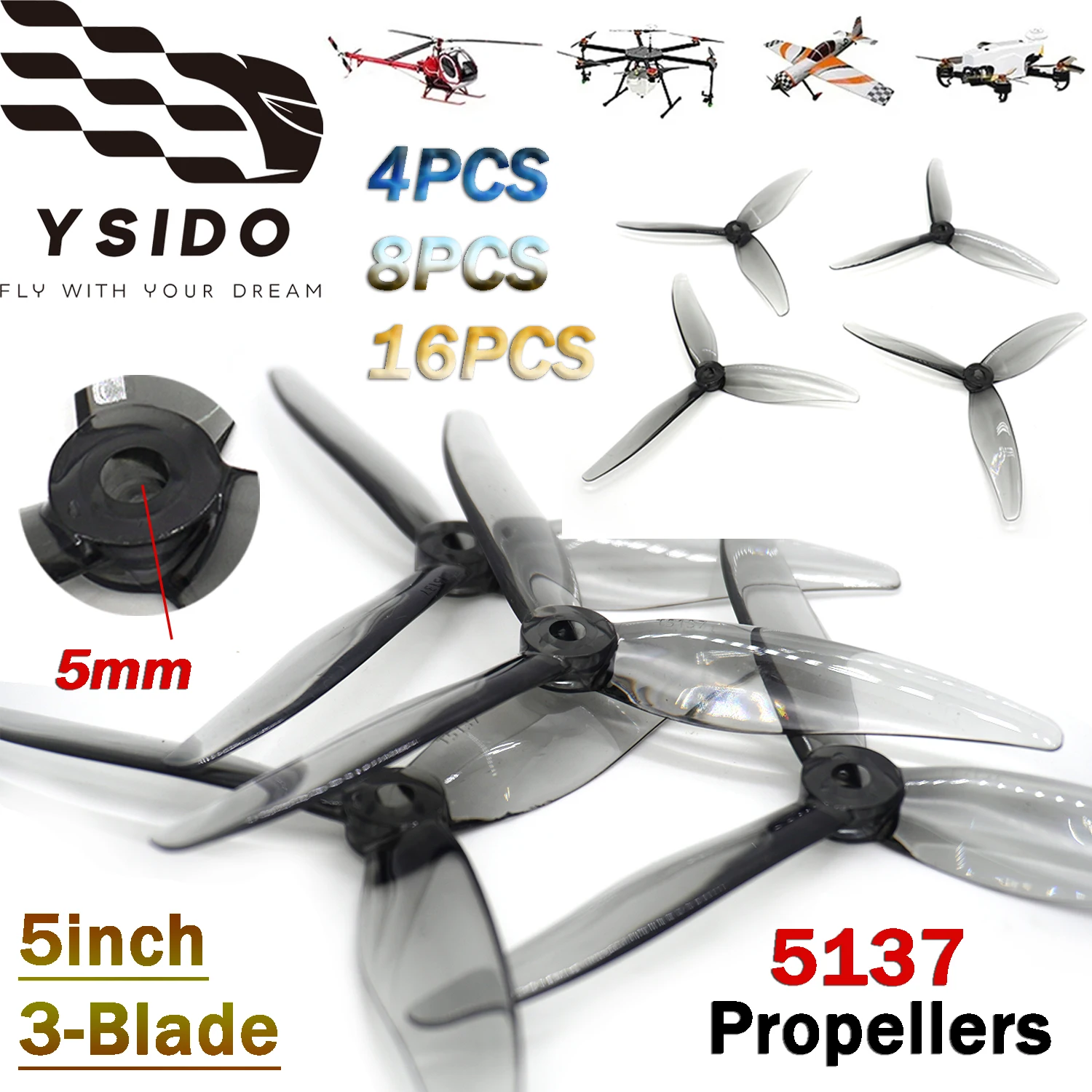 YSIDO RC Model Part 5137 Propellers 5inch Three-Blade Prop 5mm Mounting Hole  for RC FPV Racing Freestyle Frame Drone Quadcopter