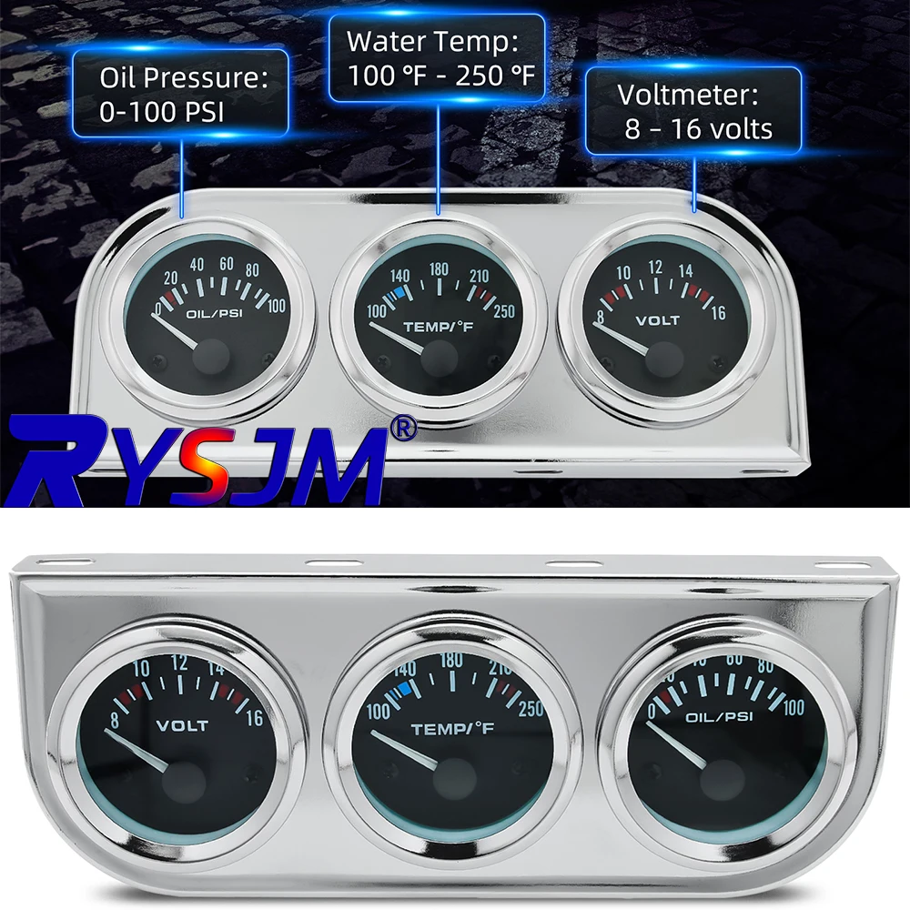 3 In 1 Triple Gauge Set Oil Pressure 0-100 PSI + Water Temp 100-250°F + Voltmeter 8-16V Chrome Panel 52mm Gauges for Car Boat