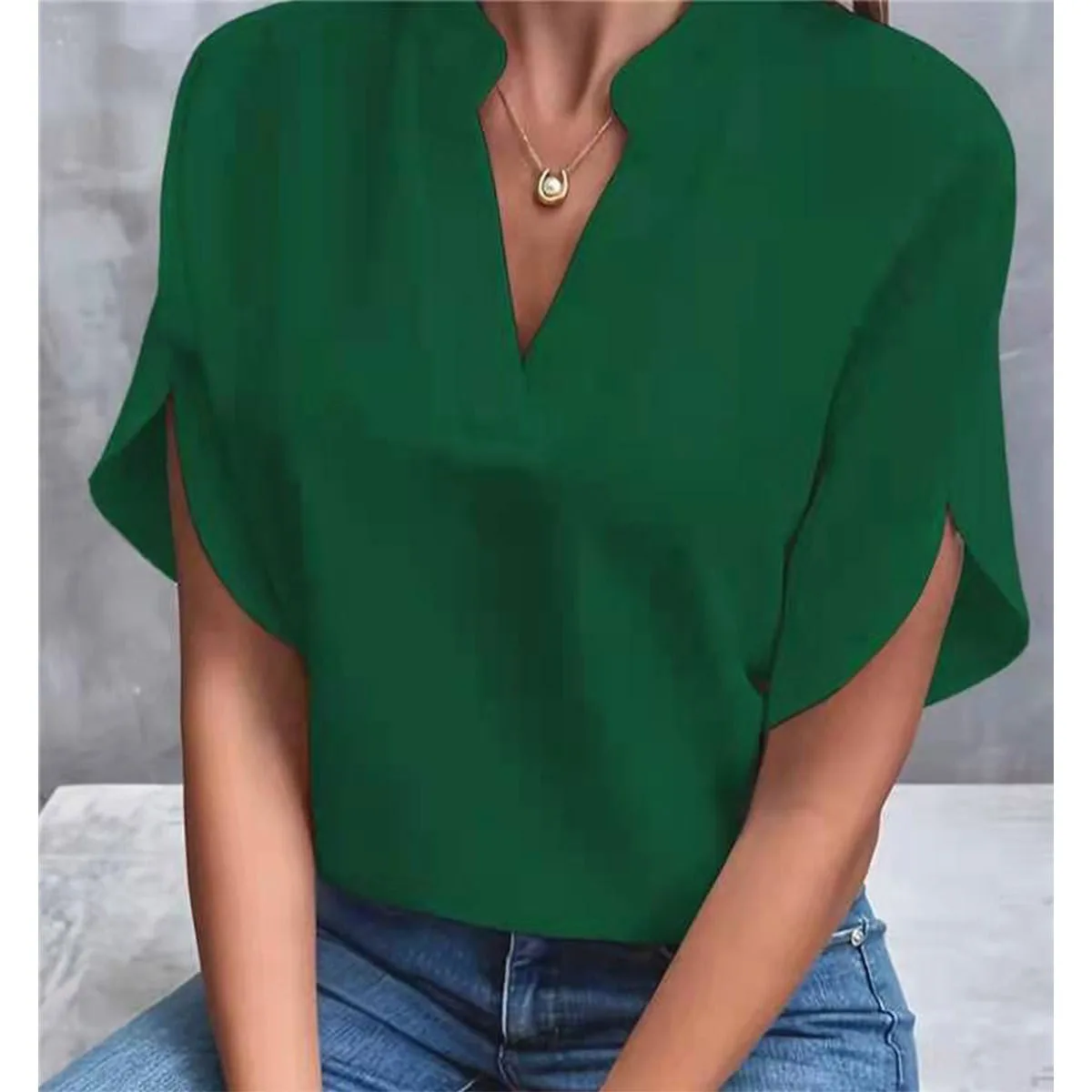 NONE 1 stücke Frau Neue Sommer Einfarbig Shirts Dame Casual Kurzarm V-ausschnitt Kragen Lose Shirts Weibliche Mode Pullover Tops 8